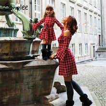 Load image into Gallery viewer, Mother daughter plaid dresses family matching clothes Long sleeve sashes women girls short dresses Spring red fashion kids dress