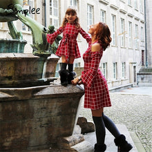 Load image into Gallery viewer, Mother daughter plaid dresses family matching clothes Long sleeve sashes women girls short dresses Spring red fashion kids dress